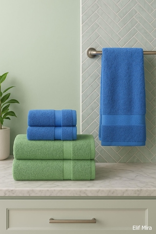 4 Lü Banyo Havlusu Seti %100 Pamuklu 70x140 Cm Pleasure Mavi-yeşil