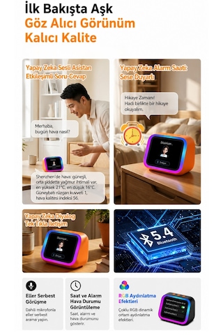 Multifonksiyonel Rgb Aydınlatmalı Yapay Zeka Destekli Eş Zamanlı 21 Dilde Çeviri Yapabilen Alarm Saatli Dijital Fotoğraf Çerçeve Asistan Turuncu