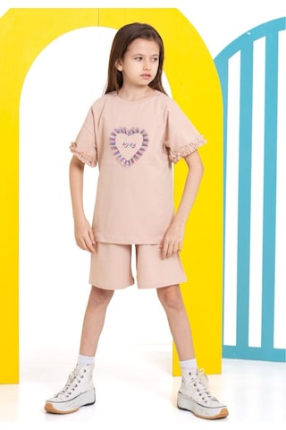 Kız Çocuk Şortlu Takım Bej