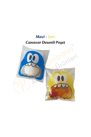 30 Adet Mavi-sarı Renkli Canavar Desenli Cake Pop & Kurabiye Poşeti-10x15 Cm