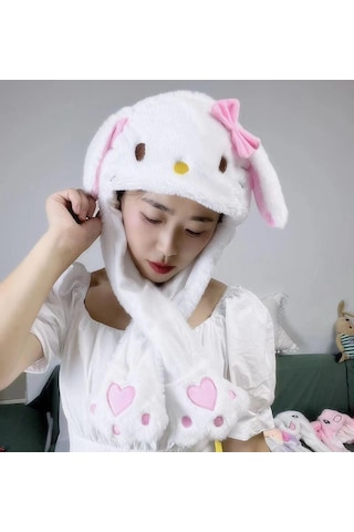 Mj Toys Sanrio Kuromi Hello Kitty Şapka Kulakları Hareket Eden Şapka Işıklı Modlu Peluş Bere Şapka Beyaz