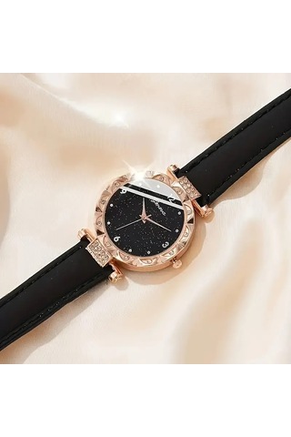 Kadın Vintage Yuvarlak Saat Analog Ve Kolye+küpe+yüzük Takı Altın - Siyah