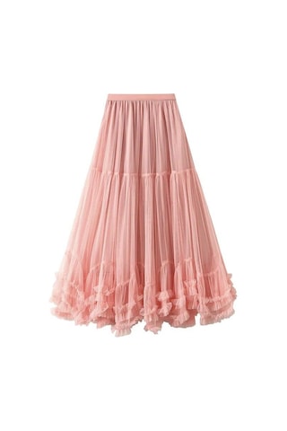 Pembe Qooth Kadınlar Tatlı Tül Kek Örgü Etek Zarif Elastik Bel Peri Uzun A-line Tutu Etek Büyük Salıncak Ile Tüm Sezon Qt2227 Pembe