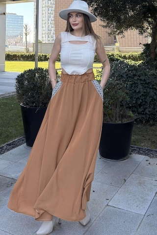 WeShaya Kadın Taba Beli Lastikli, Cepleri Hasır İşlemeli, Rahat Kesim, Uzun Kiloş Etek Taba