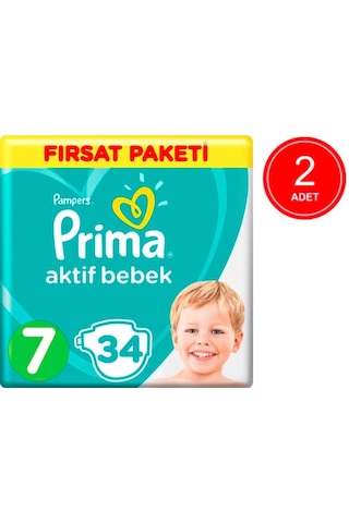 Prima Pampers Aktif Bebek Fırsat Paketi Bebek Bezi 15+ KG 7 Beden 2 x 34 Adet 2'li