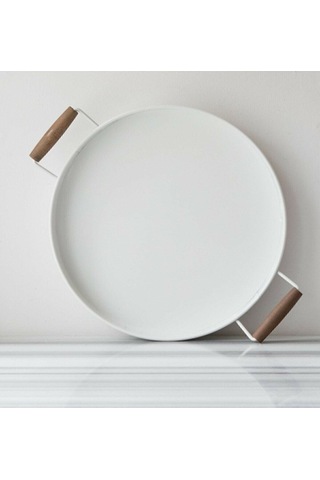 Qerhome 37cm Ahşap Kulplu Beyaz Metal Tepsi Yuvarlak Tepsi Çay Sunum Tepsisi Beyaz