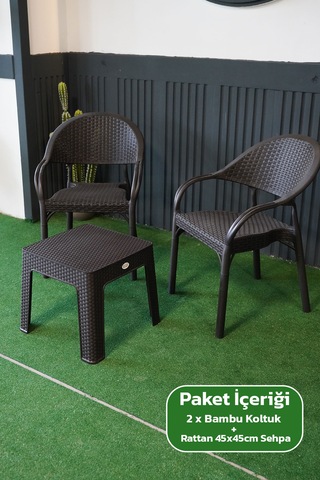 Bambu Rattan Görünümlü Sehpalı Set 2 Adet Koltuk + 45 Cm Sehpalı Sandalye Seti Kahverengi