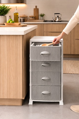 Porsima 0704 4 Katlı Still Komodin Beyaz/gri Çekmeceli Sebzelik-oyuncak Sepeti-çok Amaçlı Plastik Organizer Beyaz - Gri