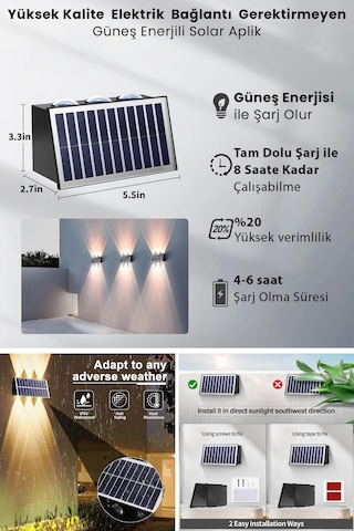Trendpoint 2adet Solar Çift Taraflı 6ledli Aplik Sarı Işık Duvar Lamba Bahçe Aydınlatma Güneşle Şarj