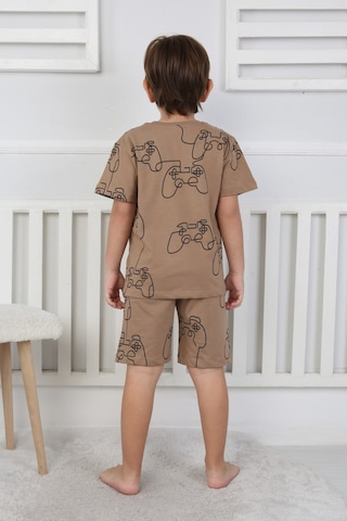 Bunny Hopp Şortlu Erkek Çocuk Pijama Takımı %100 Pamuk Desenli Yazlık 3-8 Yaş Kahve