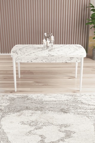 Eylül Serisi 80x132 Açılabilir Suntalam Metal Ayak Beyaz Mermer Desen Mutfak Masası,yemek Masası Beyaz Mermer Desen