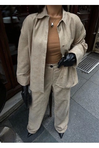 Süet Gömlek Palazzo Pantolon İkili Takım - Bej Bej