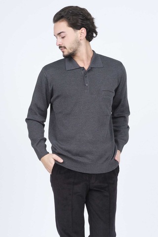 Ateş Triko Erkek Polo Yaka Düğmeli Yün Kazak 6091023 Koyu Gri Koyu Gri