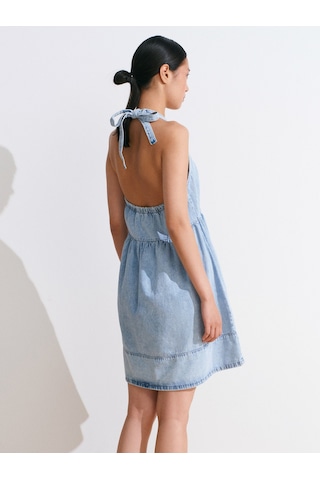 Dilvin 90571 Önü Büzgülü Mini Denim Elbise-mavi Mavi
