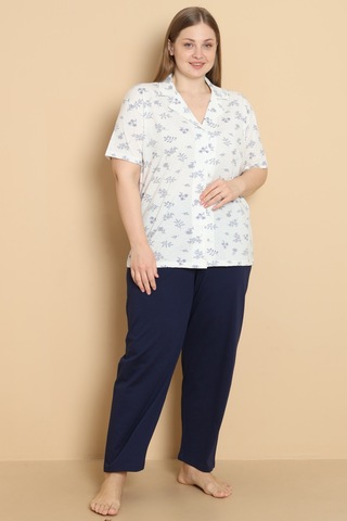 Wordex Mirano 4954 Yaprak Desenli Penye Kumaş Düğmeli Kısa Kollu Büyük Beden Kadın Pijama Takımı Ekru