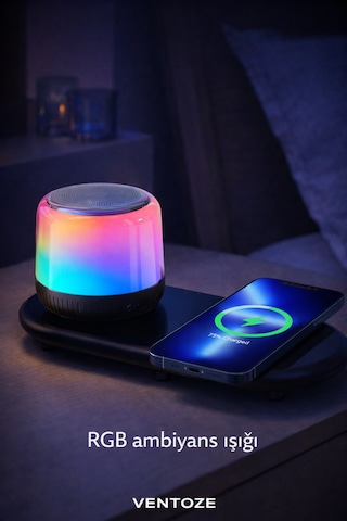 Kablosuz Şarj Standlı Bluetooth Hoparlör Masa Üstü Telefon Tutucu Ve Şarj İstasyonu 3 Ü 1 Arada