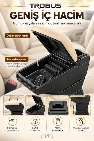 Trobus Renault Clio 3 2005-2012 Uyumlu Ayarlanabilir Ayaklı Kolçak Kol Dayama Bardaklıklı Bej Siyah