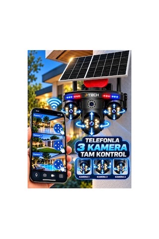 J-tech Solarmax-3ptz 4k 3 Kamera 4g Solar Sim Ptz Sesli Akıllı Takip Zoom Güvenlik Kamera 7/24 Korum