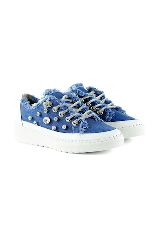 Erkan Saçmacı Valentina Mavi Denim Kristal Taşlı Gümüş Bağcıklı Sneaker Mavi - Beyaz