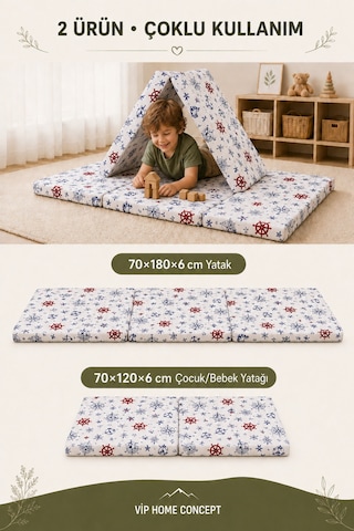 2'li Katlanabilir Çocuk Oyun Minderi Ve Yer Yatağı Seti 70x180 + 70x120 CM 6 CM - Marin