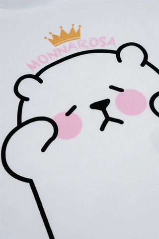 Kız Çocuk Beyaz Prenses Ayıcık Detaylı Monna Rosa Yazılı Tişört Beyaz