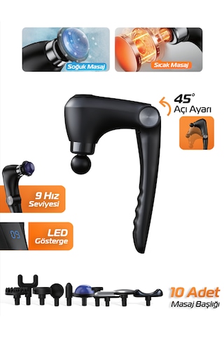 7go 7gmg1 Katlanabilir Sıcak & Soğuk Başlıklı Masaj Aleti 9 Kademeli, 10 Farklı Başlık, 1800mah Li Siyah