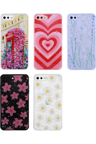 Goocamp Apple iPhone Uyumlu 7 Plus Kılıf Simli Desenli Kamera Korumalı Parlak Popy Kapak - Kalp Kalp
