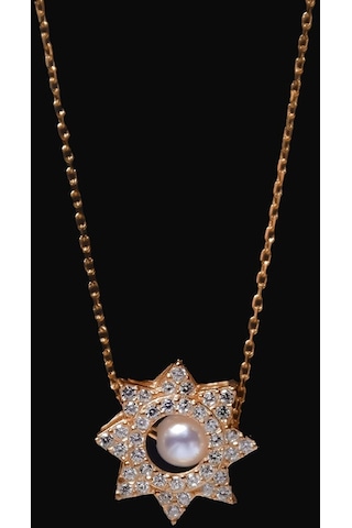 925 Ayar Gümüş Rose Kaplama Zirkon Taşlı Montür İncili Güneş Kolye