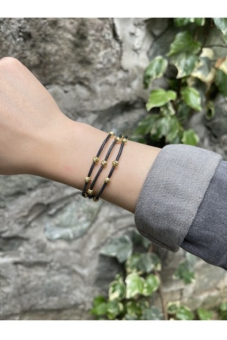 Kazzaze Dorika Boncuklu Gümüş Kazaziye Üç Zincirli Siyah Bileklik BIL081SI