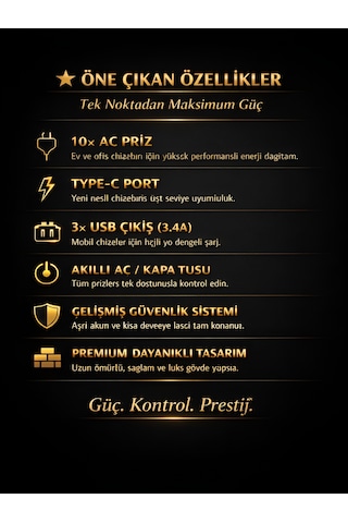 10'lu Priz, 3 Usb, 3.4 Amper, 1 Type-c Girişli 16a Akım Korumalı Uzatma Kablolu Priz Çoklayıcı 1 - 3 M