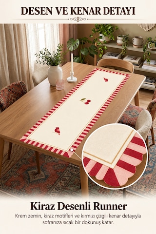 Vivanni Home Yıkanabilir Dikdörtgen Runner Günlük Kullanıma Uygun, Pratik Ve Uzun Ömürlü Kiraz Beyaz