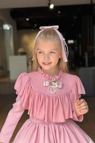 Riccotarz Kız Çocuk Göğsü Ve Yakası Fırfırlı Eteği Pliseli Dantel Şerit Detaylı Pudra Elbise Pudra