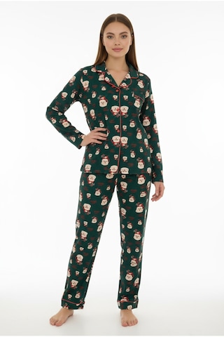 Luxury Soft Yeşil Noel Baba Desenli Uzun Kollu Kadın Pijama Takımı 3023 Turkuaz