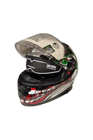 Shiro Katana Sv Joker Kapalı Kask Beyaz - Kırmızı - Yeşil