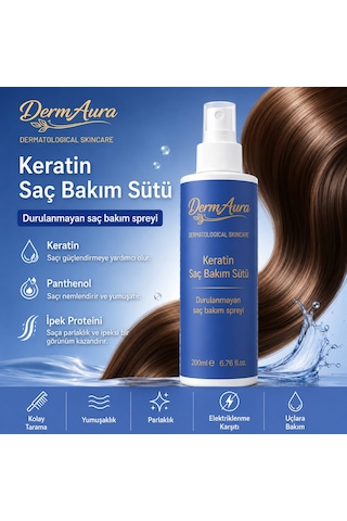 Dermaura Keratin Saç Bakım Sütü Durulanmayan Sprey 200 Ml Keratin & Panthenol Içerikli Kolay Tarama Etkili