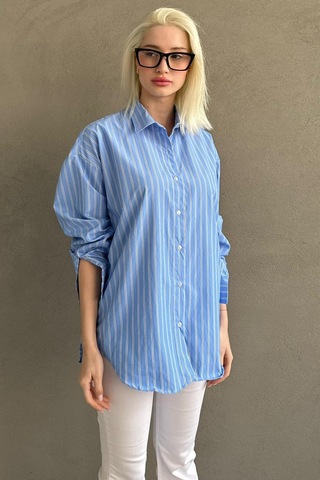 Madmext Mavi Çizgili Regular Kesim Kadın Gömlek Mg2610 Mavi