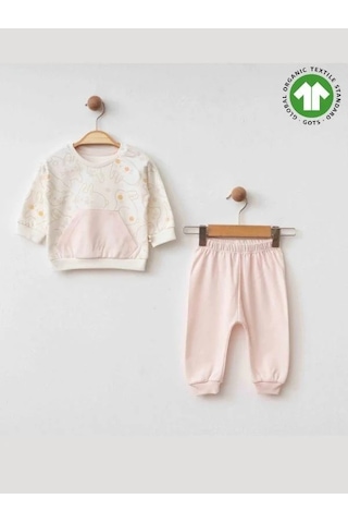 Zekids Kız Bebek Tavşan Baskılı Organik Eşofman Takım-15486 Pudra