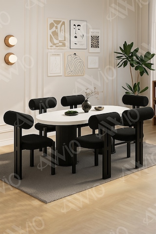 Avvio Verona Bohem Ayak 6'lı Metal Pofi Demonte Sandalye 80x160 Masa Sandalye Takımı Beyaz Masa Sandalye Siyah Kumaş Siyah
