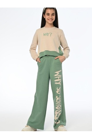 Kız Çocuk Why Yazılı Yanlardan Çıt Çıtlı Bol Paça Eşofman Takım-13538 Yeşil