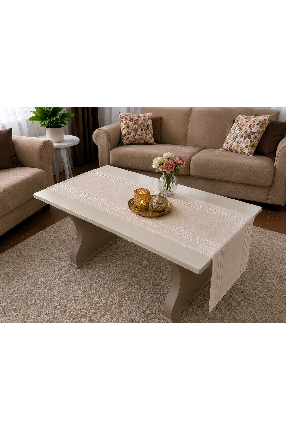 %100 Polyester Dertsiz Leke Tutmaz Şerit Desenli Runner Masa Örtüsü 34x200 Cm Bej