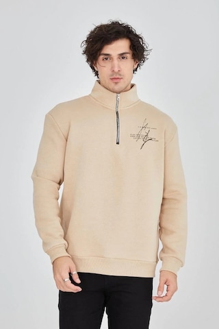 Erkek Yarım Fermuarlı Baskılı 3 İplik Pamuklu Sweatshirt - Bej Bej