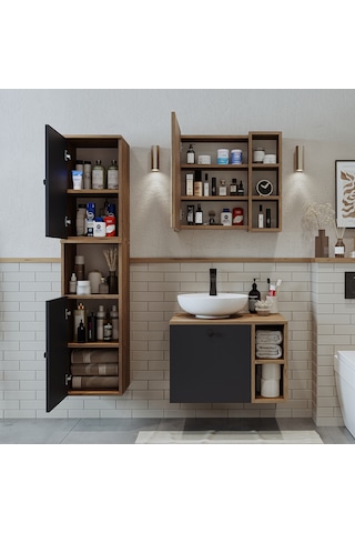 Lavabolu Mdf 65 Cm Lotus Çekmeceli Banyo Dolabı + Aynalı Üst Dlp Atlantik Çam - Antrasit