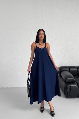 Dip Moda Kadın Lacivert Askılı İçi Astarlı Kaş Keten Elbise Dpmnbg017 Lacivert