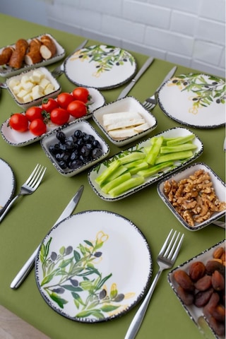 14 Parça 6 Kişilik Seramik Kahvaltı Takımı Zeytin Desenli Yuvarlak Kahvaltı Seti Beyaz - Yeşil