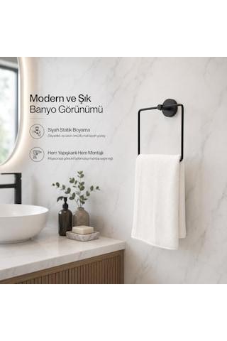 Lotus Siyah Kare Havluluk, Yapışkanlı Ve Vidalı Montajlı Banyo Havlu Askısı, Mat Siyah Statik Boyama, 35 Mm Oval Bantlı Duvar Havluluk, Metal Diğer