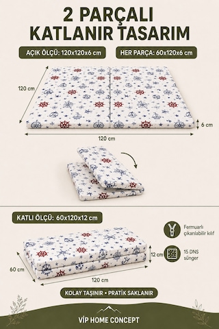 Oyun Alanına Uygun Katlanabilir Sünger Oyun Parkı Minderi Bebek Yatağı - Marin 120x120x6 CM