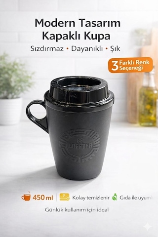 Kulplu Kapaklı Çay Kahve Bardağı Plastik - Mug Sıcak Içecek Bardağı 450 Ml Siyah