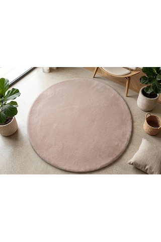 Bej Tavşan Tüyü Halı Yuvarlak Cotton Taban