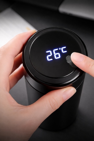 Siyah Dijital Isı Göstergeli Termos 500 Ml - Akıllı Paslanmaz Çelik Dereceli Termos Mat Siyah