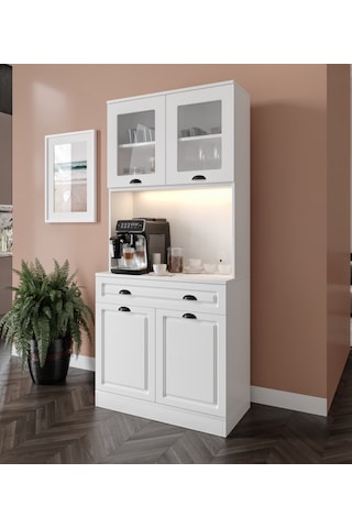 Guneystore Luna 2 Kapaklı Kahve Köşesi 93 Cm Mdf, Led Aydınlatmalı, Çok Amaçlı Mutfak Ve Airfryer Dolabı Beyaz